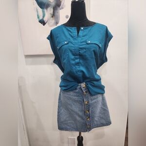 [ NY& CO] womens size Large,teal, part button up lightweight short sleeve blouse